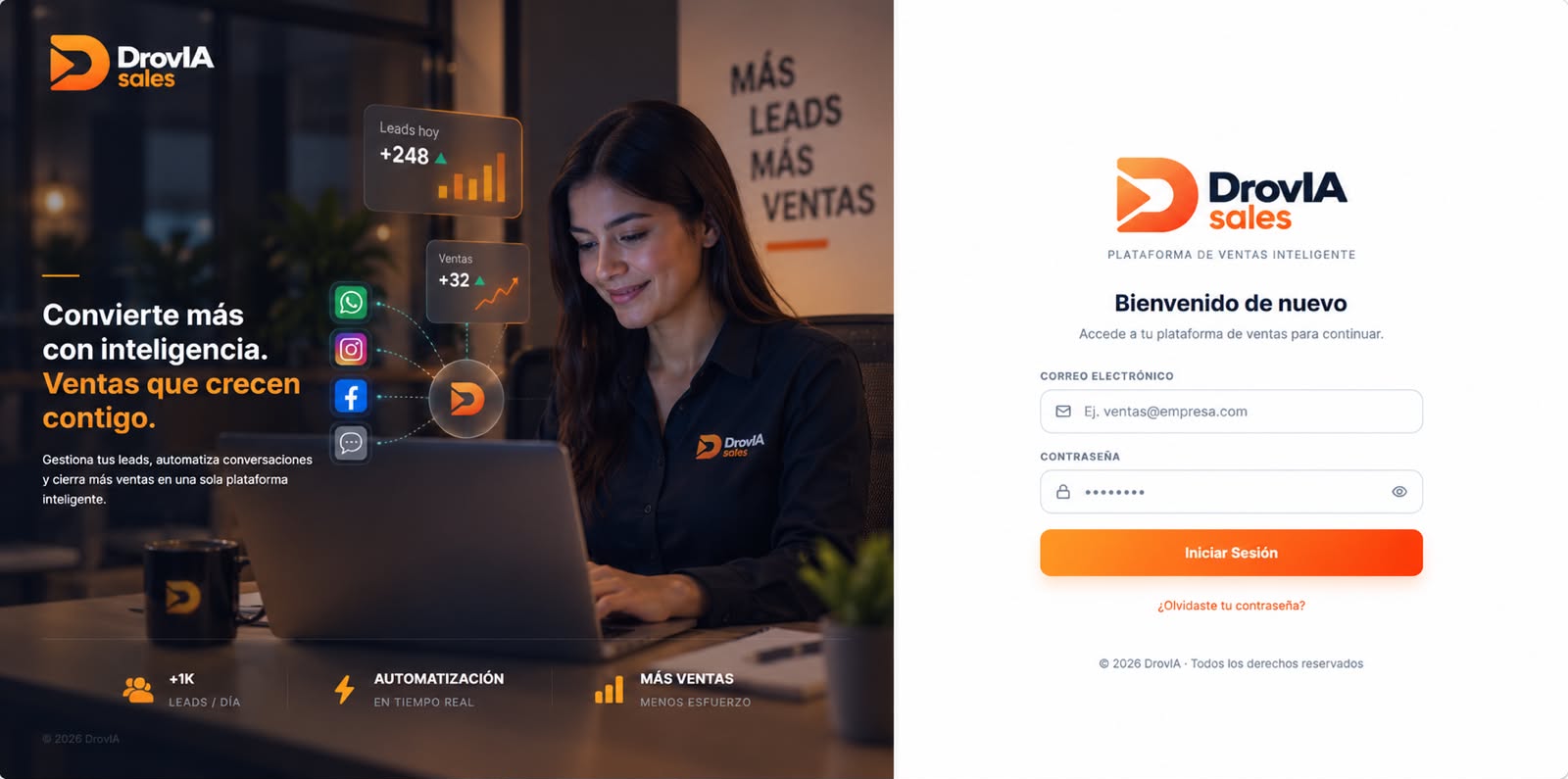 DrovIA Sales. Convierte más con inteligencia. Ventas que crecen contigo. Más leads, automatización en tiempo real y más ventas.
